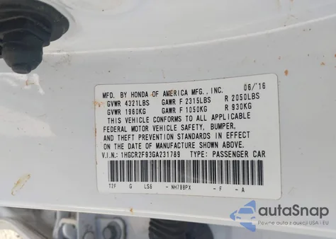 2016 Honda Accord Ex-L z USA, uszkodzony, nr VIN 1HGCR2F93GA231789